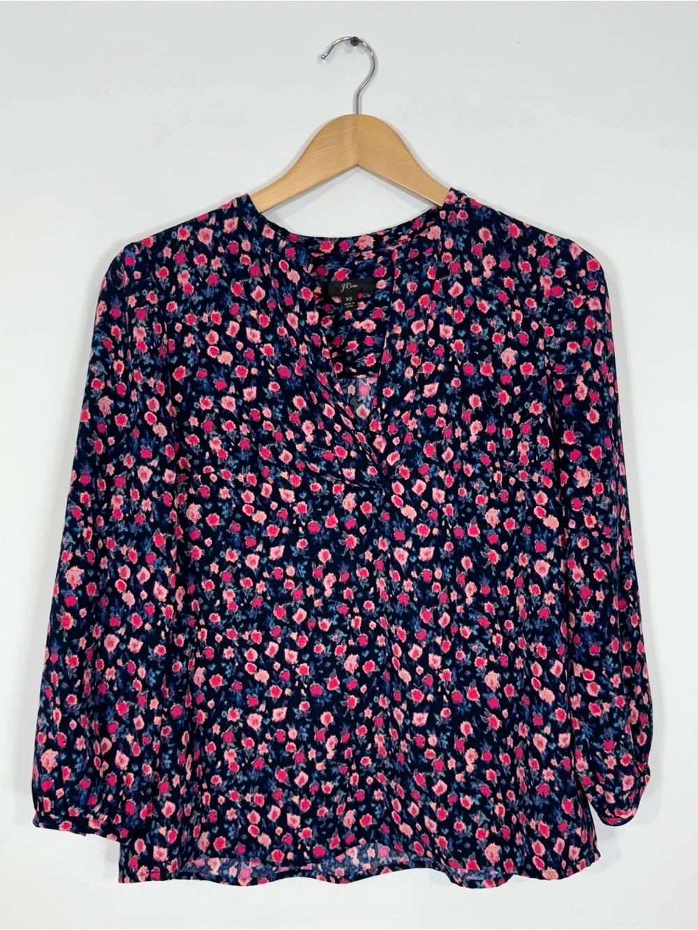 WSH48 {J. Crew} Blue Pink Floral Long Sleeve V-Neck Tunic Blouse Top Shirt